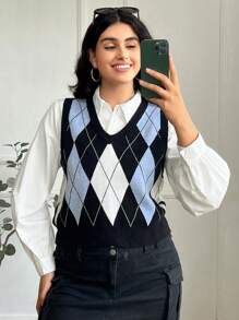 SHEIN EZwear Áo len cardigan dệt kim họa tiết kẻ caro cỡ lớn thu đông cho nữ - Nhiều màu - Xem 1