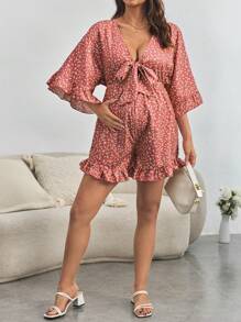 SHEIN Maternity City Vacation Tie Bow Loose Romper - Pink - View 5