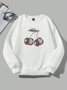 SHEIN EZwear 休闲简约豹纹樱花印花白色圆领长袖厚宽松女式运动衫，秋冬，长袖上衣 - 白色 - 查看 6