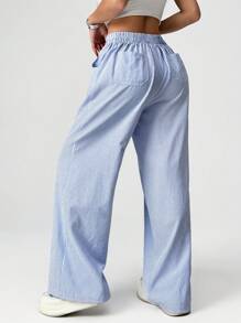 SHEIN EZwear Pantalon large en bleu et blanc rayé tissé pour femmes - Bleu et Blanc - Voir 2