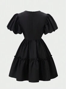 女士纯色简约灯笼袖短款休闲连衣裙