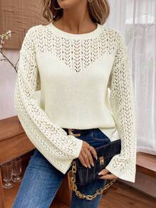 SHEIN LUNE 實心針織落肩毛衣 - 杏色 - 查看 3