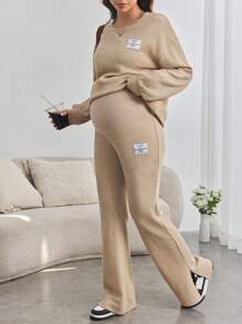 SHEIN Zwangerschaps- en tienermeisjes Losse letter gepatchte drop shoulder top met lange mouwen en uitlopende pijpen, broek 2-delige set