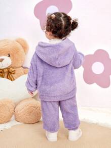 SHEIN Leap Crew 2pcs/Set Baby Girl Cute Solid Color Fluffy Hooded Jacket And Pants Set, Fall/Winter - Purple - View 2