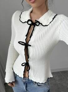 Elenzga 女士纯色简约休闲 V 领蝴蝶结装饰长袖开衫 - 杏色 - 查看 3