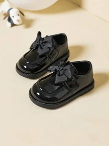 女童休闲日常穿圆头英伦风平底鞋，秋冬季 - 黑色 - 查看 4