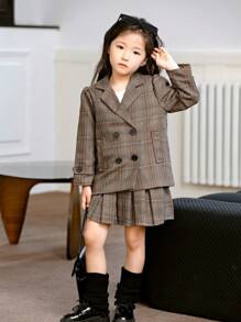 SHEIN Genkimix Kids Young Girl Long Sleeve Blazer Jacket & Pleated Skirt 2-Piece Set - Brown - View 4