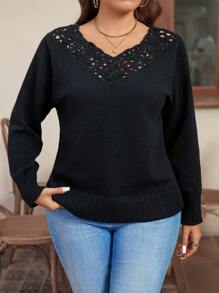 SHEIN LUNE Plus Size Women's Solid Color Casual Long Sleeve Pullover Sweater Knit Pullover Fall Winter - Black - View 1