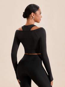 VARSITIE Women's Solid Color Long Sleeve Fitted Sports T-Shirt With Ruching, Versatile - Black - View 2