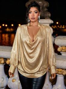 EMERY ROSE 加大码女式优雅闪光圣诞派对宽松金属感长袖垂坠领圆下摆衬衫，适合新年节日派对服装舞会