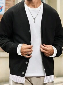 Manfinity Homme Áo len trễ vai màu trơn giản dị cho nam, mùa xuân, mùa thu - màu đen - Xem 5