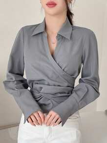 DAZY 1pc Women Plain Long Sleeve Wrap Around Shirt,Fall Clothes - Dusty Blue - View 3