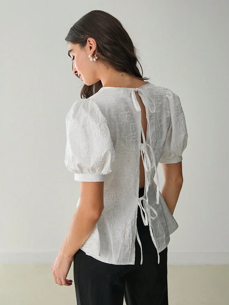Romantic Autumn Women's White Puff Sleeve Backless Tie Elegant Shirt, Autumn Women's Shirt