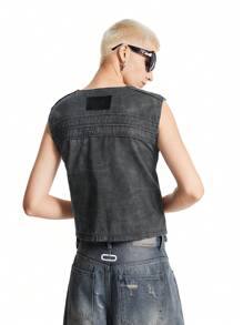 NEON BLANC Men's Street Casual Cotton Washed Hook & Loop Trim Sleeveless Tactical Vest Jacket, For Fall Winter - Dark Grey - View 2