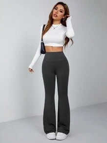 SHEIN PETITE 休閒實色寬腰中空修身喇叭褲 - 灰色 - 查看 4