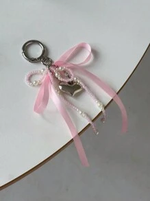 ROMWE Kawaii 1pc Pearl Bow Bag Charm Keychain, INS Style Heart Pendant Keyring Accessory - Multicolor - View 4