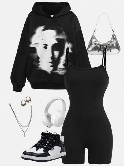 SHEIN Girlism 少女 2 件套哥特式抽象肖像印花连帽衫和紧身短裤套装，加厚羊毛