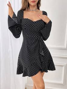 女士圆点印花方领长袖连衣裙 - 黑色 - 查看 5