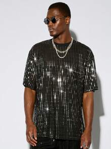 AKNOTIC Business Casual 1pc Men Y2K Funny Casual Fit High Street Vintage Style Party Sequin Short Sleeve T-Shirt, Halloween, Boyfriend Gift, Summer - Black - View 1