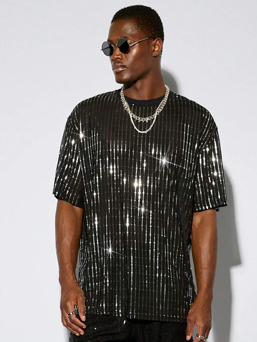 AKNOTIC Business Casual 1pc Men Y2K Funny Casual Fit High Street Vintage Style Party Sequin Short Sleeve T-Shirt, Halloween, Boyfriend Gift, Summer - Black - View 1