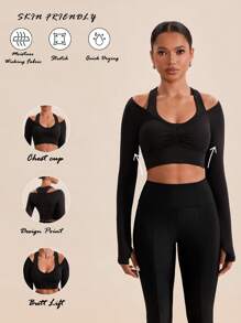 VARSITIE Women's Solid Color Long Sleeve Fitted Sports T-Shirt With Ruching, Versatile - Black - View 6