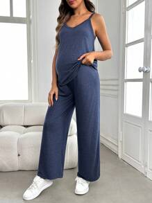 SHEIN 2 件套孕妇纯色吊带背心长袖上衣，秋冬季 - 藏蓝色 - 查看 3