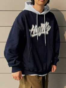 DAZY 男士休闲字母印花落肩长袖抽绳连帽衫，春秋季 - 藏蓝色 - 查看 1