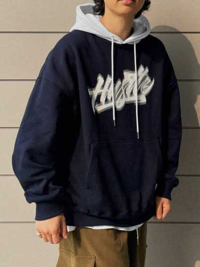DAZY 男士休闲字母印花落肩长袖抽绳连帽衫，春秋季