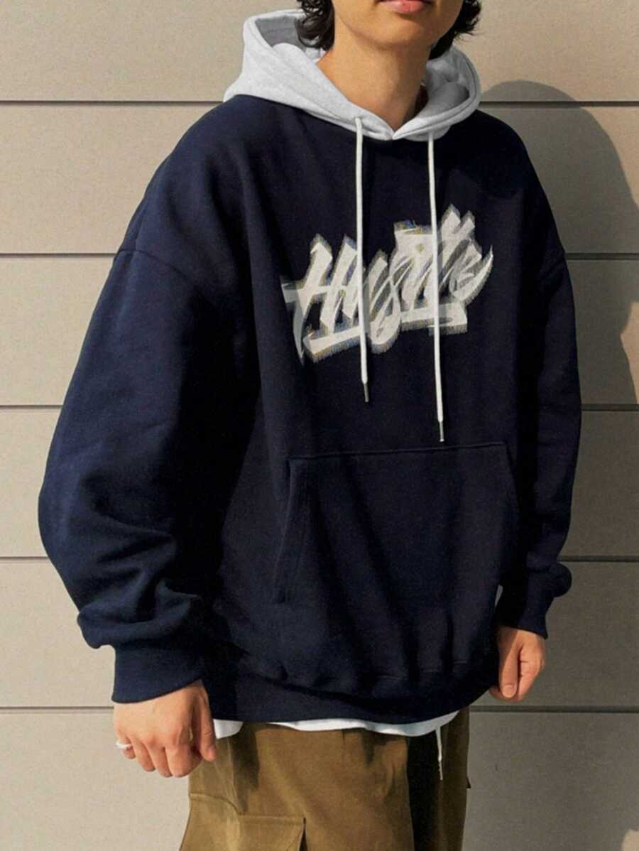 DAZY 男士休闲字母印花落肩长袖抽绳连帽衫，春秋季 - 藏蓝色 - 查看 1