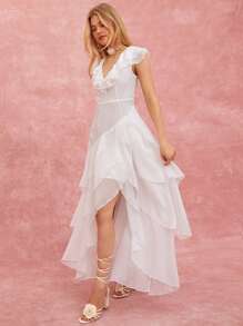 Enchnt Đầm suông cổ chữ V màu trơn thanh lịch sang trọng cho nữ - trắng - Xem 7