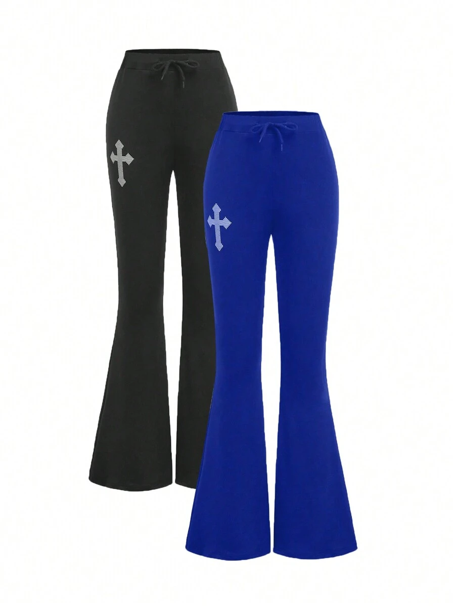 SHEIN Explorewe Conjunto de dos piezas para niña preadolescente con pantalón acampanado y gráfico con adorno de cruz - Multicolor - Ver 1