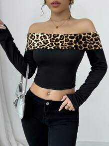 Rafferiza 性感露肩撞色豹纹女式 T 恤 图案猎豹印花 T 恤 女式上衣