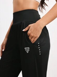 Easithlete Reflective Print High Waist Drawstring Sports Pants - Black - View 4