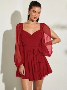 SHEIN BAE 女士轻质雪纺蝴蝶结系腰灯笼袖露背连衣裙， - 紅色 - 查看 3