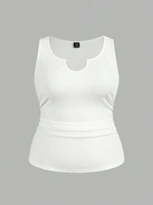 Slaydiva Simple Basic Casual Sports Daily Fitted Solid White Notch Neck Ruched Waist Rib Knit Fabric Plus Size Women Camisole, Spring Summer - White - View 5
