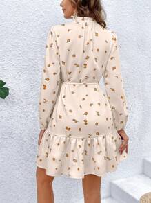 SHEIN VCAY Floral Print Ruffle Hem Long Sleeve Dress - Multicolor - View 2