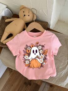 SHEIN 3pcs/Set Baby Girl Halloween Casual Cute Cartoon Pumpkin, Flower, Ghost Graphic Pink & White Short Sleeve Loose Round Neck Top, Suitable For Summer - Multicolor - View 4