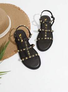 Dép đế bằng kiểu La Mã cho nữ thời trang hở mũi ngoài trời thường ngày bãi biển đường phố đinh tán trang trí bằng mút hoạt tính, màu đen - Gỗ đỏ - Xem 11