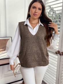SHEIN Unity Plus Size Women's Solid Color Simple Sleeveless Knit Sweater Vest, For Winter - Coffee Brown - View 3