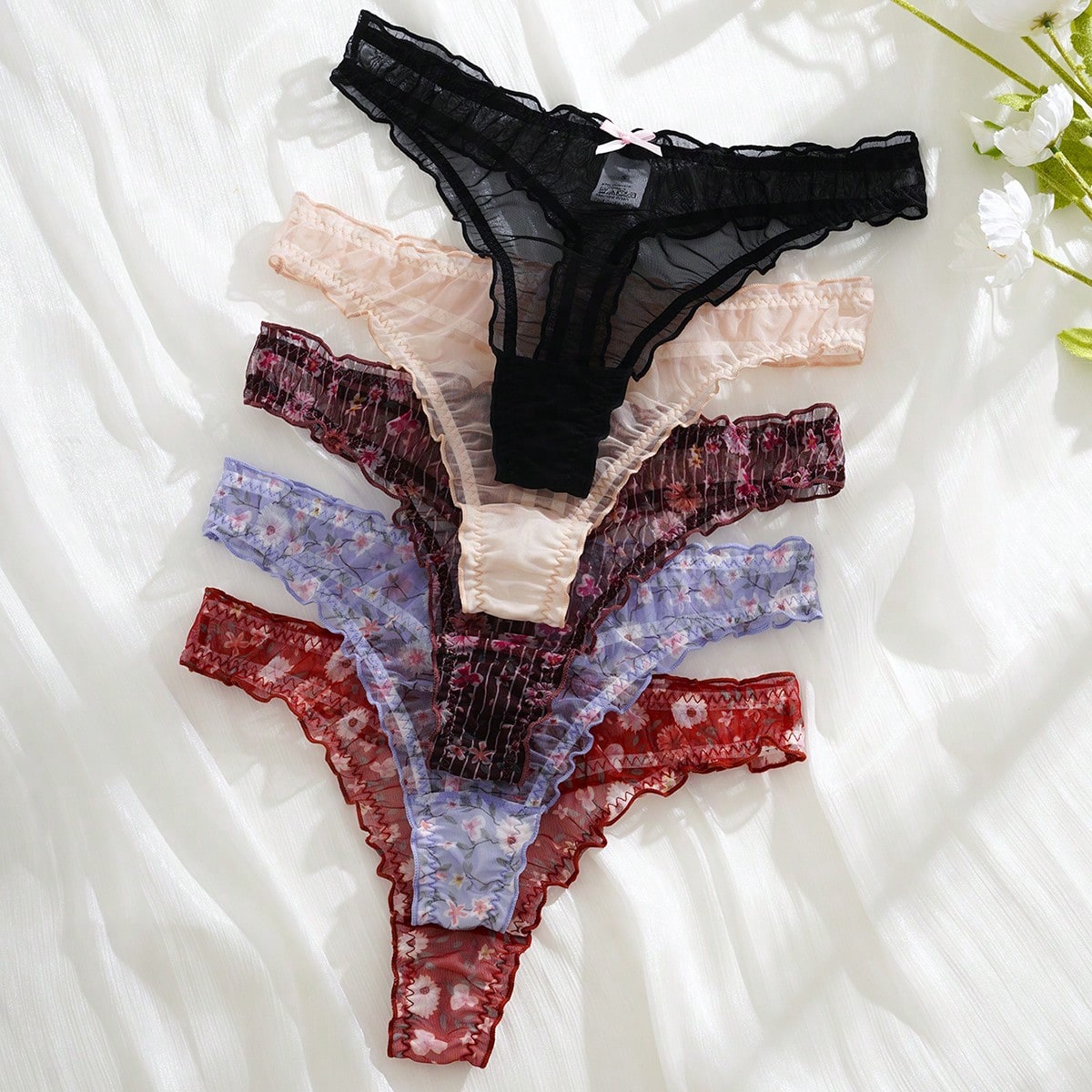 Piezas Conjunto de tanga de mujer con volantes de malla