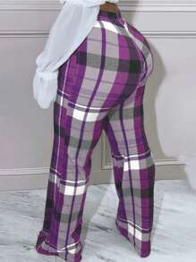 Maweii Quần ống loe kẻ caro cạp cao thời trang cho nữ cỡ lớn - Màu tím - Xem 2