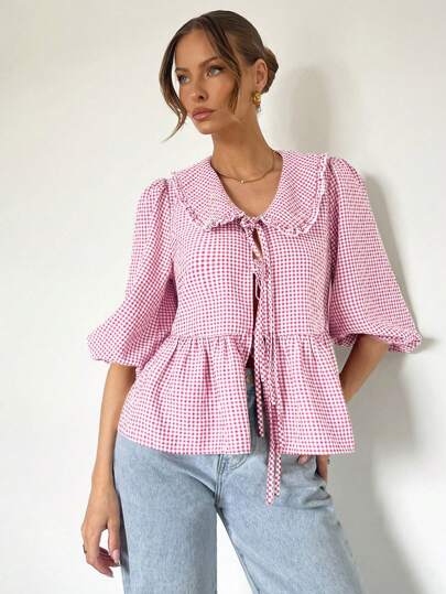 SHEIN Essnce Women Summer Loose Lantern Sleeve Casual Cute Peter Pan Collar Ruffled Lace Red Plaid Shirt