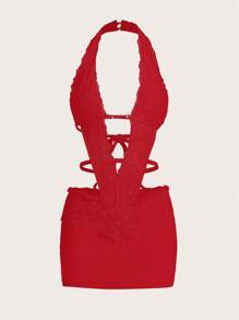 SHEIN ICON Đầm hở lưng hở lưng khoét chữ V sâu hai lớp ren bó sát trang trí kim loại - Đỏ - Xem 2