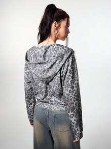 Muchica 女士冬季街头休闲针织 Coque 豹纹连帽衫 - 黑與白 - 查看 2