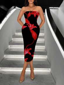 SHEIN SXY 女士休闲简约百合花卉印花紧身长裙，春夏秋季返乡节连衣裙