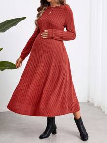 SHEIN Maternity Tight Fitting Red Midi Long Sleeve Dress, Midi Dress, Fall - Redwood - View 6