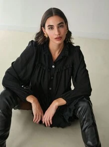 Enchnt 女士纯色荷叶边纽扣灯笼袖短款优雅连衣裙，春夏 - 黑色 - 查看 4