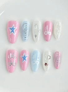 ROMWE Kawaii 10 miếng dán móng tay hình ngôi sao và nơ nhiều màu + 3 miếng dán hai mặt, miếng dán móng tay đính đá Y2K có thể tái sử dụng cho tiệc tùng, khiêu vũ và đeo hàng ngày - Nhiều màu - Xem 1