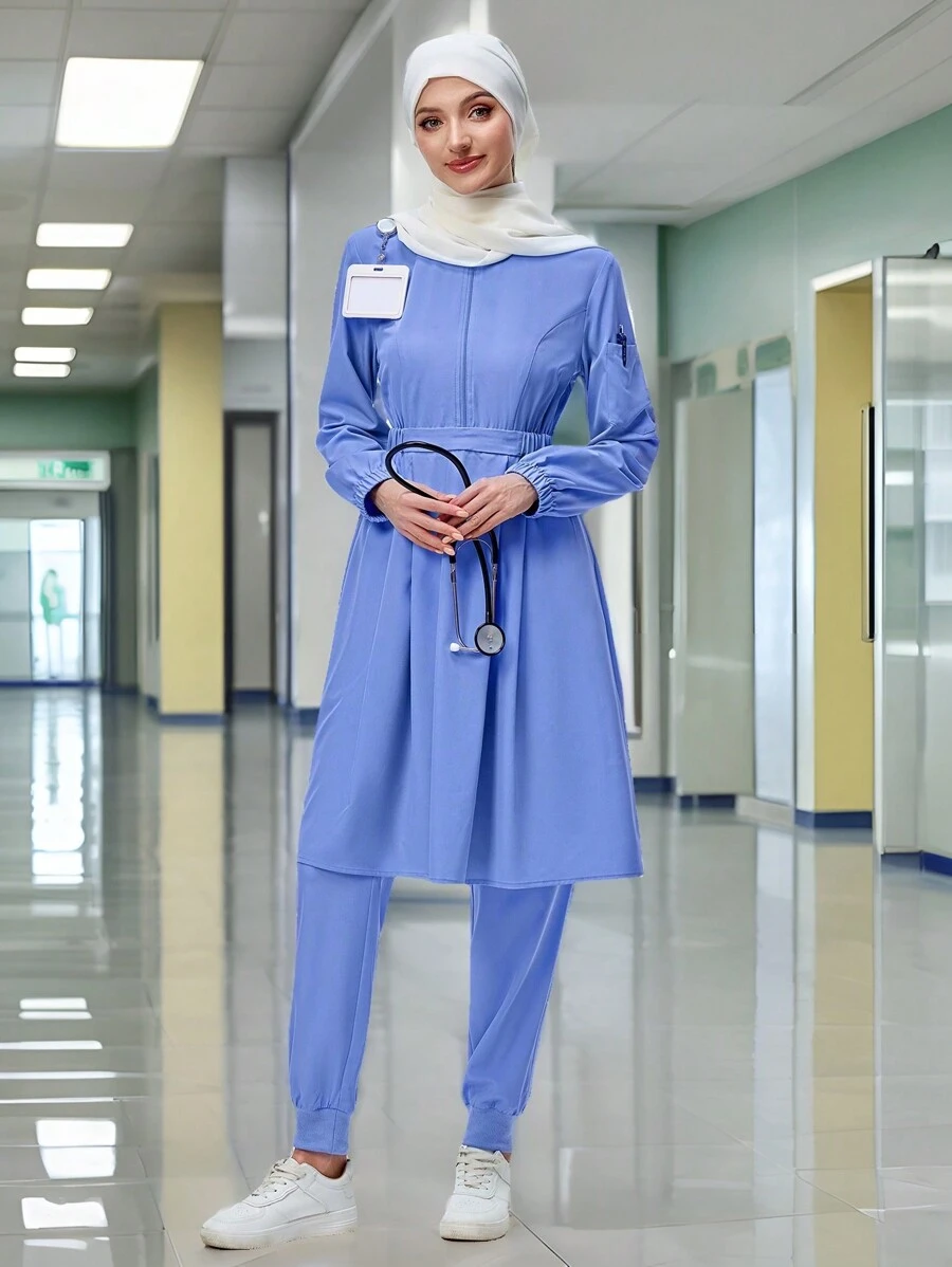 TaskEZ Health Check Scrubs Uniforms Women Solid Color Pet Grooming Work Uniform Set Nutritionist Work Suits Short Sleeved Lab Work Wear - Blue - View 1