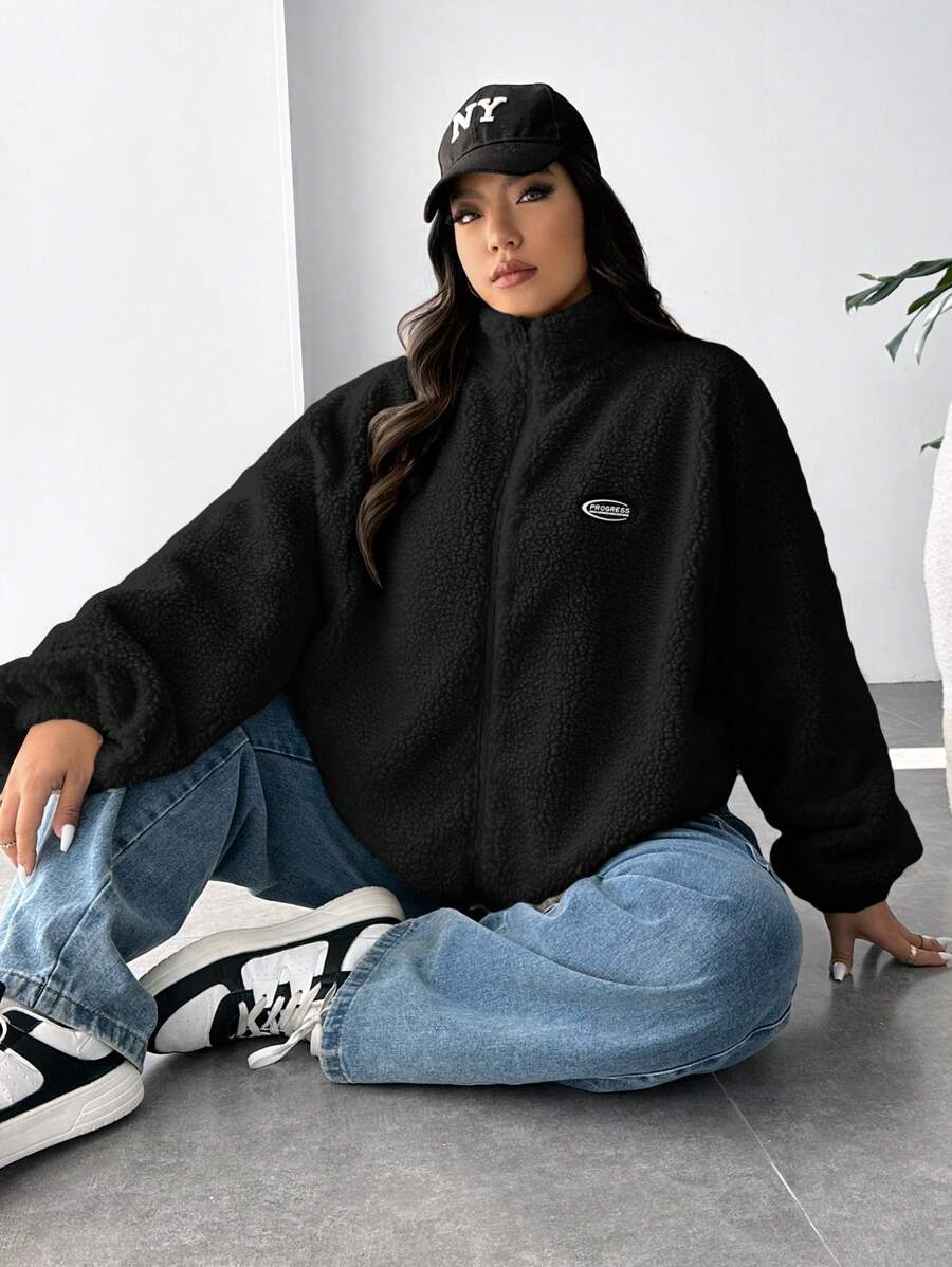 SHEIN EZwear 大码女式字母印花宽松休闲长袖夹克秋冬季